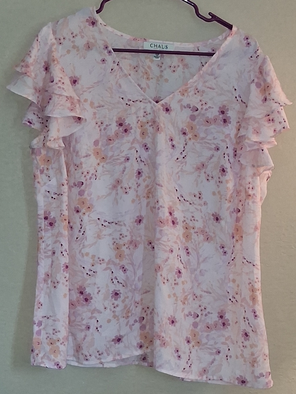 Chaus Pink and Peach Floral Ruffle-Sleeve Blouse